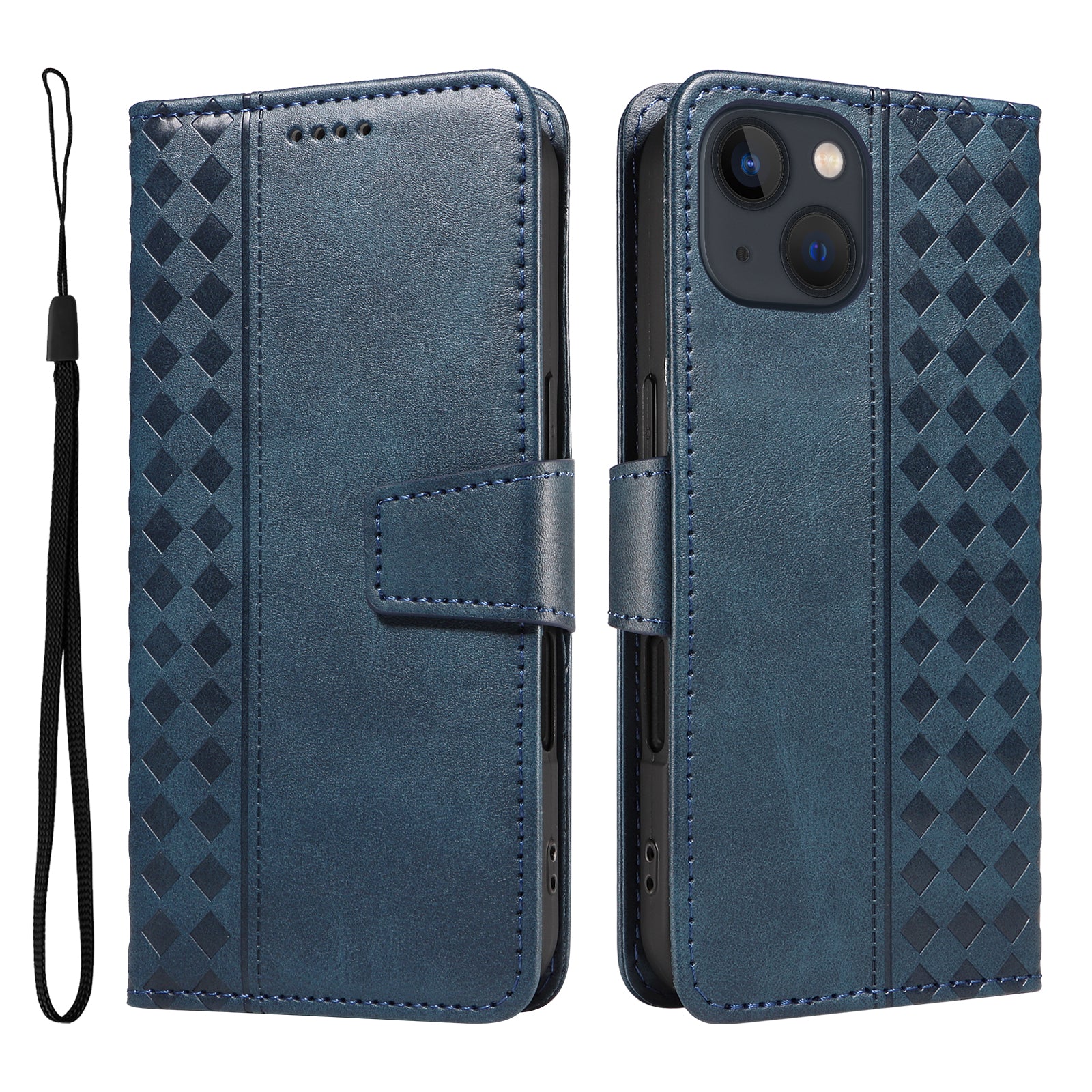 For iPhone 14 Leather Case Wallet Stand Grids Imprinted Phone Cover with Strap - TechGearPal