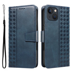 For iPhone 14 Leather Case Wallet Stand Grids Imprinted Phone Cover with Strap - TechGearPal