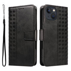 For iPhone 14 Leather Case Wallet Stand Grids Imprinted Phone Cover with Strap - TechGearPal