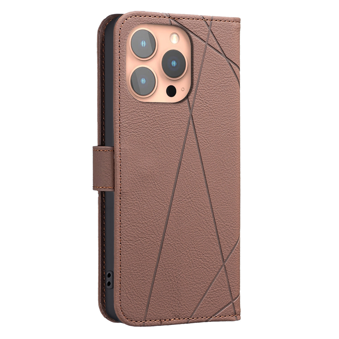 For iPhone 15 Pro Max Case BINFEN COLOR BF35 Geometry Imprinted Leather Phone Cover RFID Blocking Wallet Stand - TechGearPal