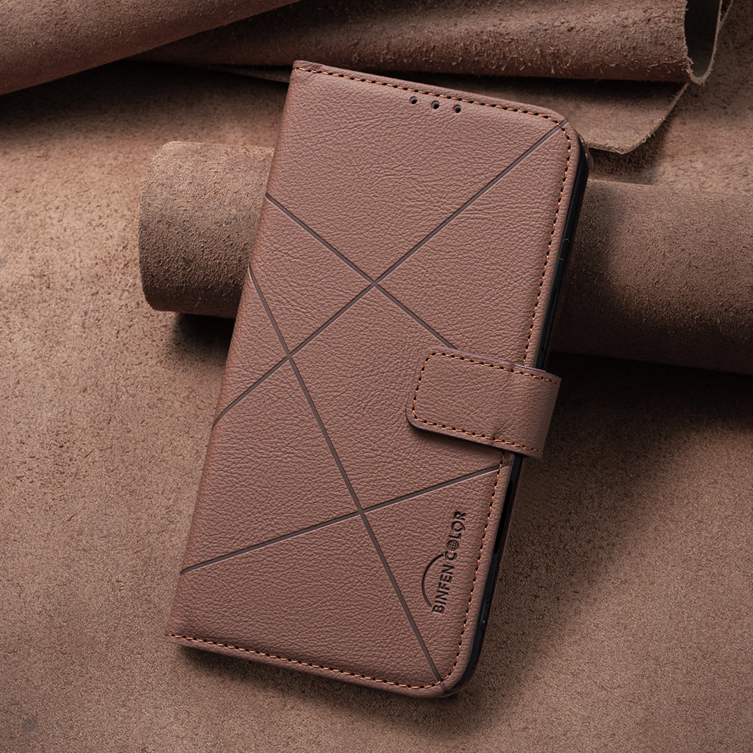 For iPhone 15 Pro Max Case BINFEN COLOR BF35 Geometry Imprinted Leather Phone Cover RFID Blocking Wallet Stand - TechGearPal