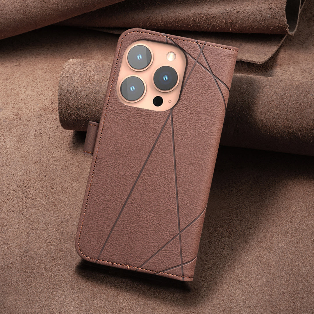 For iPhone 15 Pro Max Case BINFEN COLOR BF35 Geometry Imprinted Leather Phone Cover RFID Blocking Wallet Stand - TechGearPal