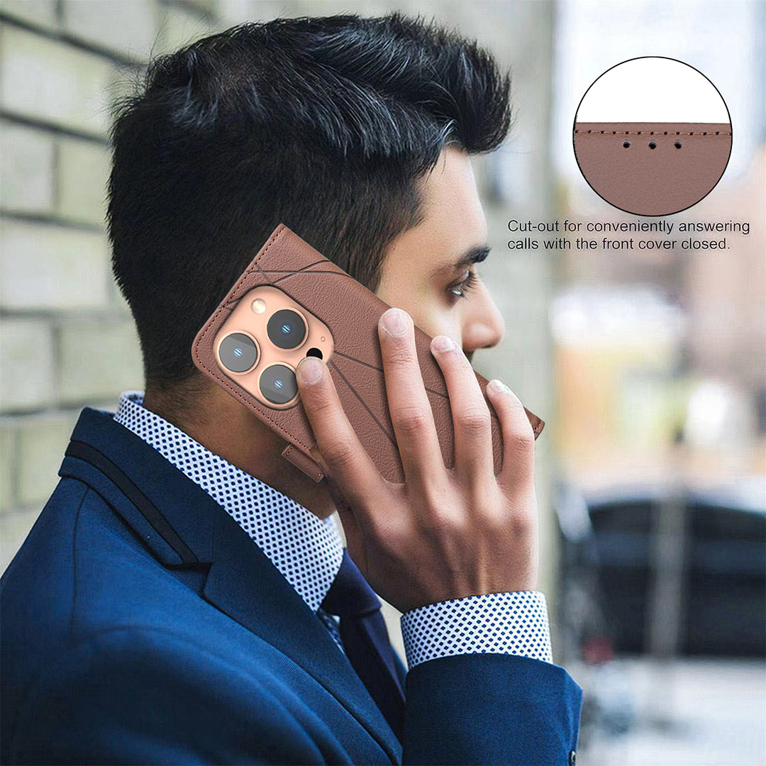For iPhone 15 Pro Max Case BINFEN COLOR BF35 Geometry Imprinted Leather Phone Cover RFID Blocking Wallet Stand - TechGearPal