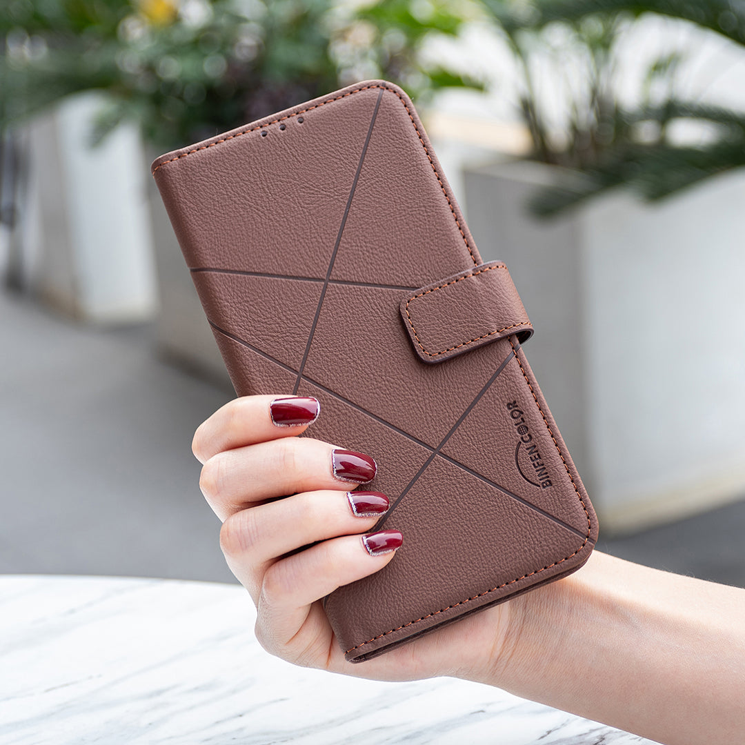 For iPhone 15 Pro Max Case BINFEN COLOR BF35 Geometry Imprinted Leather Phone Cover RFID Blocking Wallet Stand - TechGearPal