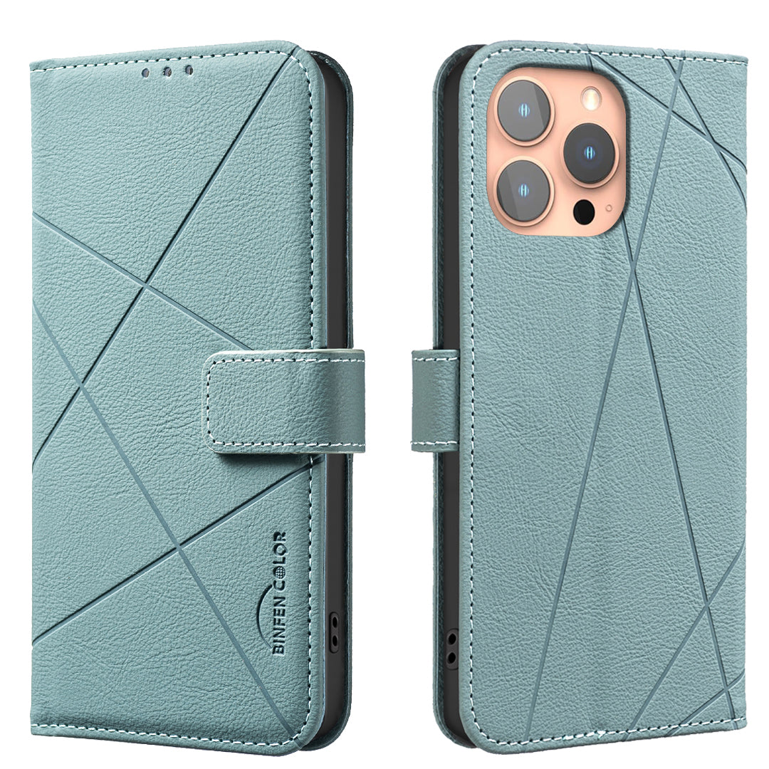 For iPhone 15 Pro Max Case BINFEN COLOR BF35 Geometry Imprinted Leather Phone Cover RFID Blocking Wallet Stand - TechGearPal