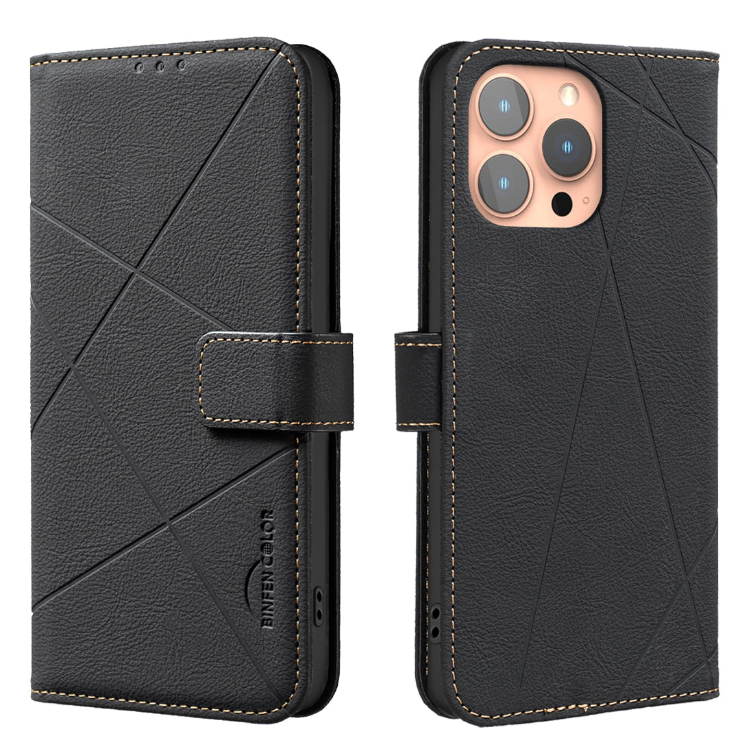 For iPhone 15 Pro Max Case BINFEN COLOR BF35 Geometry Imprinted Leather Phone Cover RFID Blocking Wallet Stand - TechGearPal