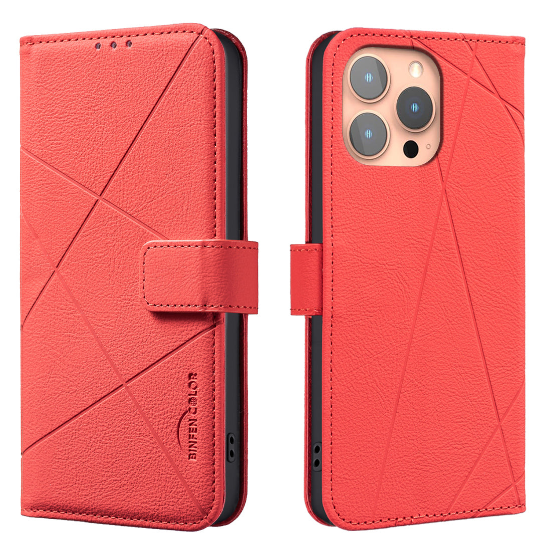 For iPhone 15 Pro Max Case BINFEN COLOR BF35 Geometry Imprinted Leather Phone Cover RFID Blocking Wallet Stand - TechGearPal
