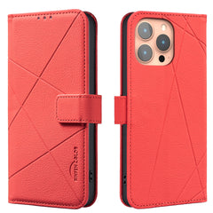 For iPhone 15 Pro Max Case BINFEN COLOR BF35 Geometry Imprinted Leather Phone Cover RFID Blocking Wallet Stand - TechGearPal