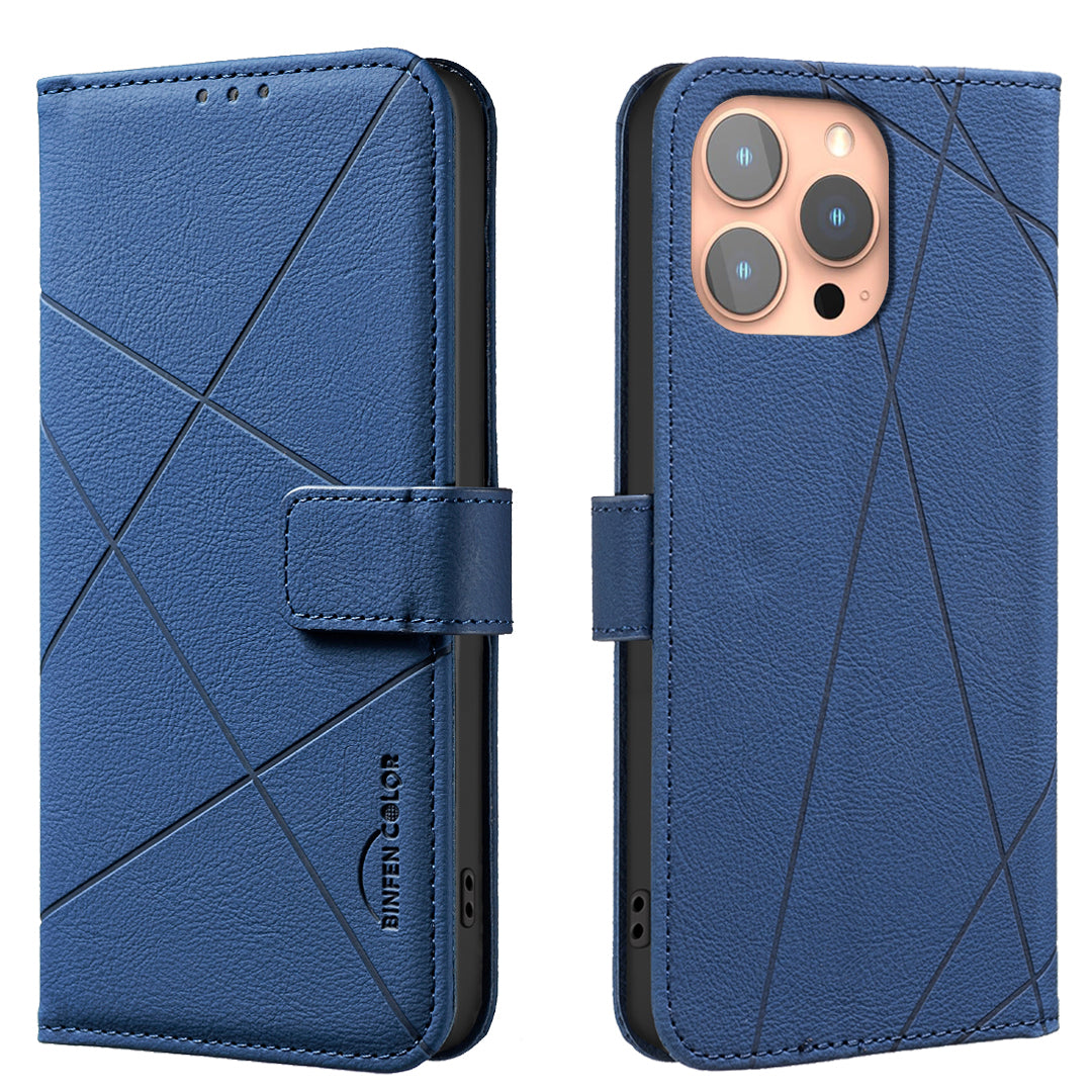 For iPhone 15 Pro Max Case BINFEN COLOR BF35 Geometry Imprinted Leather Phone Cover RFID Blocking Wallet Stand - TechGearPal