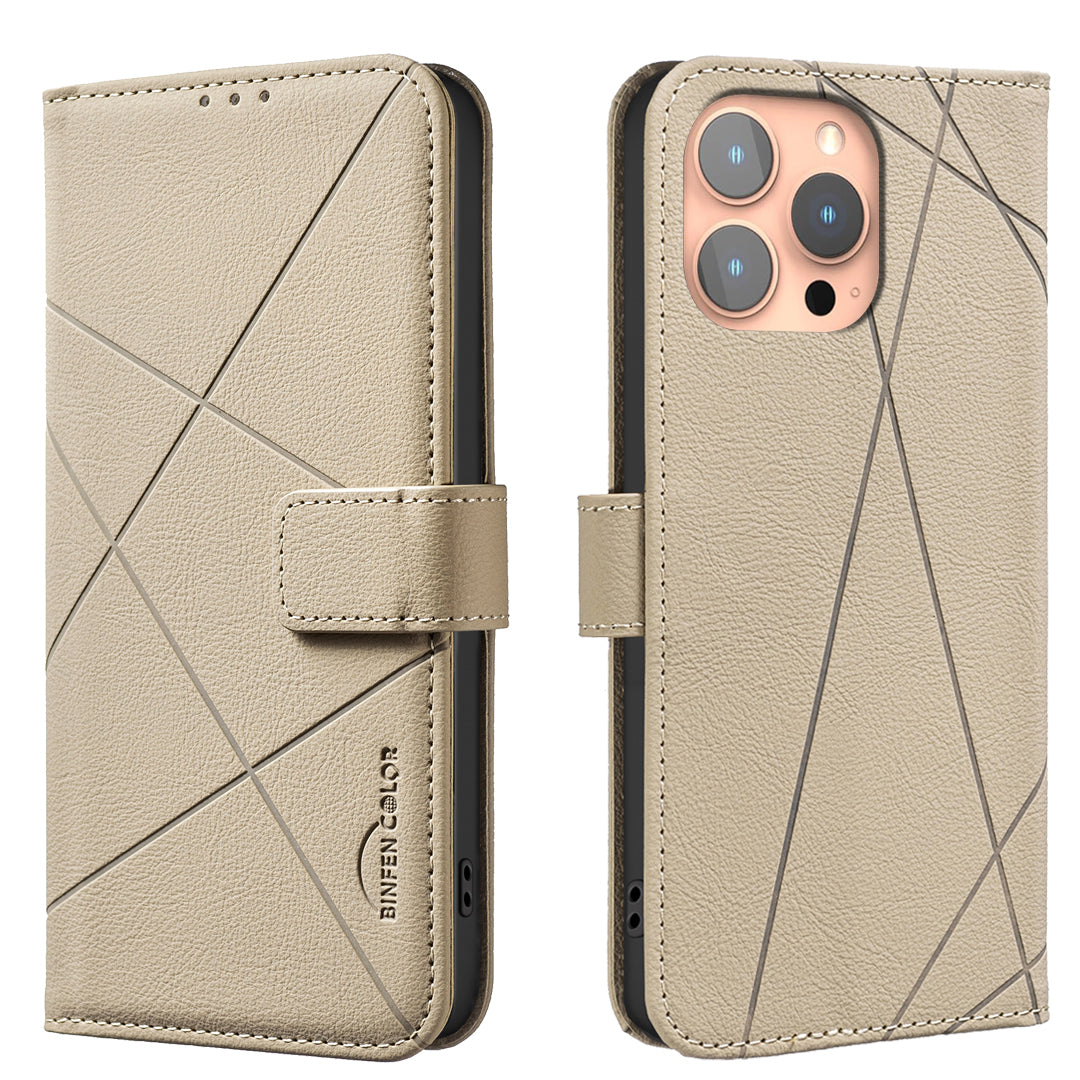 For iPhone 15 Pro Max Case BINFEN COLOR BF35 Geometry Imprinted Leather Phone Cover RFID Blocking Wallet Stand - TechGearPal