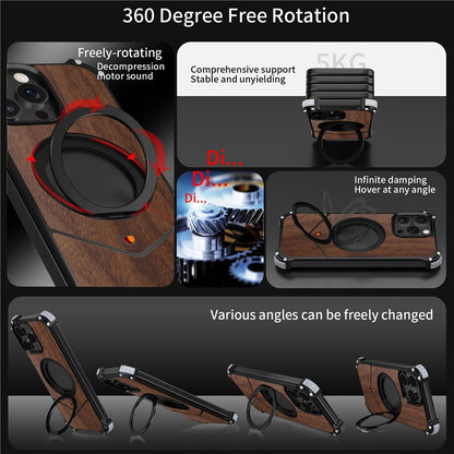 For iPhone 15 Pro Max Magnetic Case Wood Covered Metal Boardless Phone Back Cover with Kickstand - TechGearPal