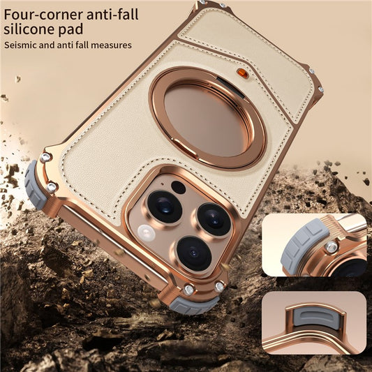 For iPhone 14 Pro Max Case PU Covered Metal Boardless Phone Back Cover with Kickstand - TechGearPal