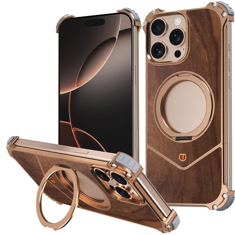 For iPhone 14 Pro Max Magnetic Case Wood Covered Metal Boardless Phone Back Cover with Kickstand - TechGearPal