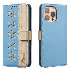 For iPhone 15 Pro Max Leather Case BINFEN COLOR BF36 Floral Pattern Phone Cover RFID Blocking Wallet Stand - TechGearPal
