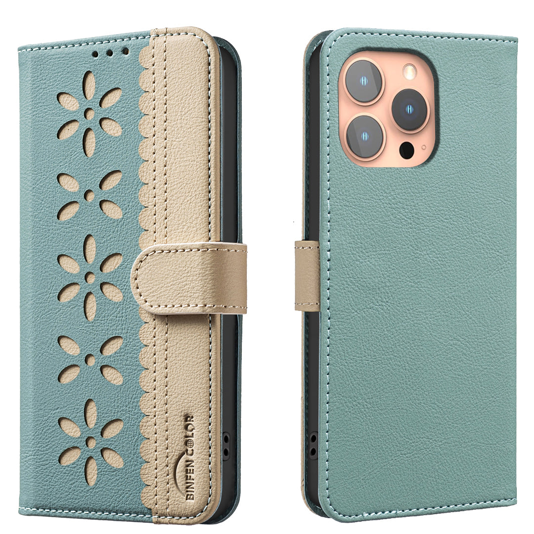 For iPhone 15 Pro Max Leather Case BINFEN COLOR BF36 Floral Pattern Phone Cover RFID Blocking Wallet Stand - TechGearPal