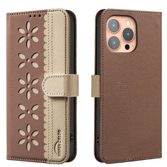 For iPhone 15 Pro Max Leather Case BINFEN COLOR BF36 Floral Pattern Phone Cover RFID Blocking Wallet Stand - TechGearPal