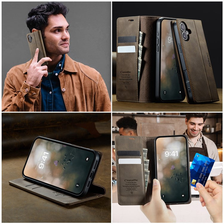 CASEME 033 Series For iPhone 16 Case RFID Blocking Wallet Stand Calf Texture Leather Phone Cover - TechGearPal