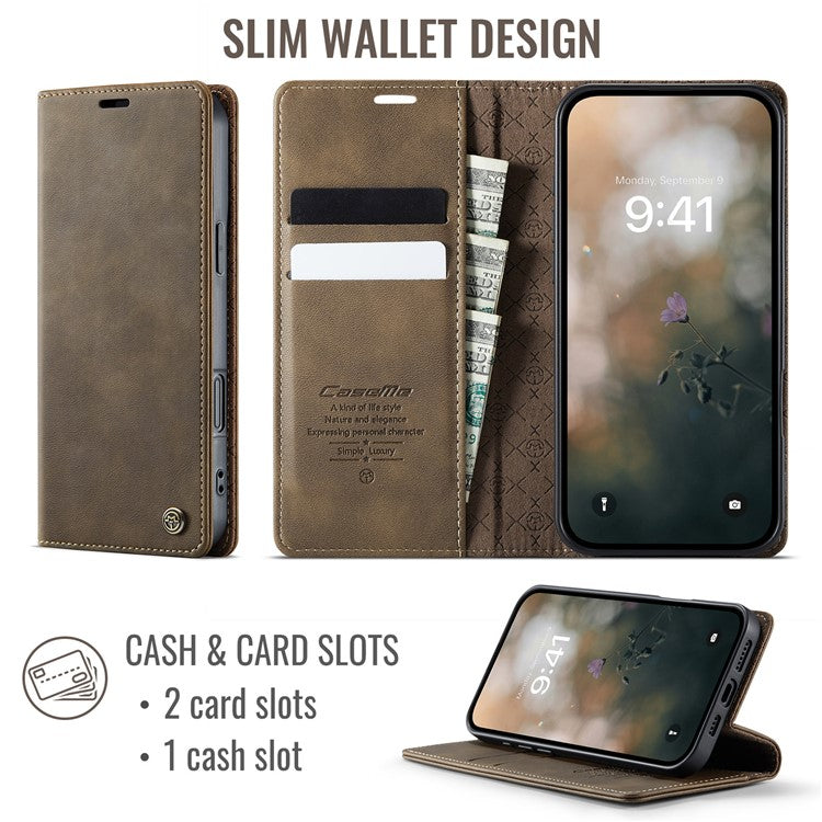 CASEME 033 Series For iPhone 16 Case RFID Blocking Wallet Stand Calf Texture Leather Phone Cover - TechGearPal