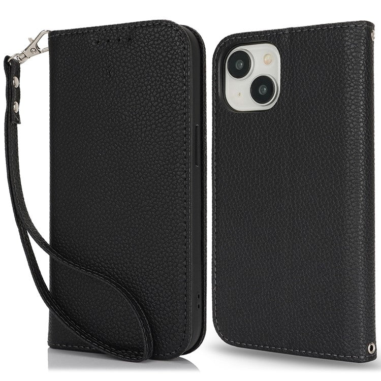 Stand Case for iPhone 14 / 13 Litchi Texture Leather Flip Phone Cover with Strap  /  Wallet - TechGearPal