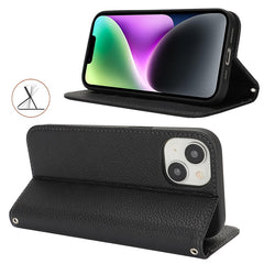 Stand Case for iPhone 14 / 13 Litchi Texture Leather Flip Phone Cover with Strap  /  Wallet - TechGearPal
