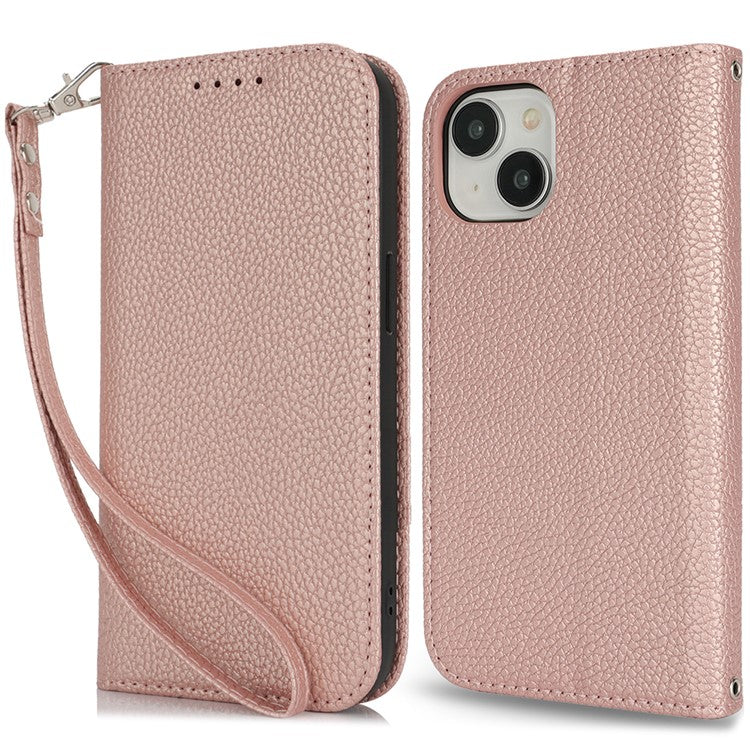 Stand Case for iPhone 14 / 13 Litchi Texture Leather Flip Phone Cover with Strap  /  Wallet - TechGearPal