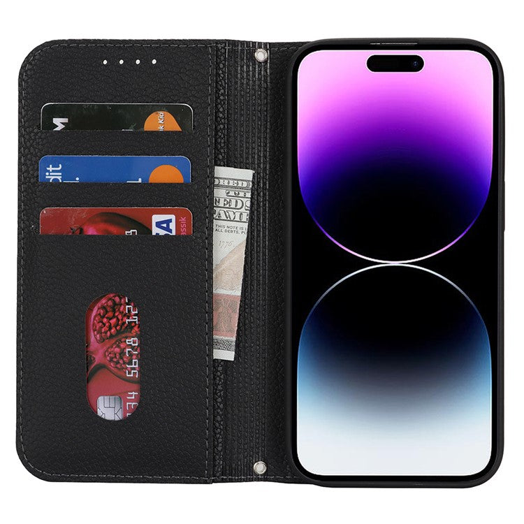 Stand Case for iPhone 14 Pro Max Litchi Texture Leather Flip Phone Cover with Strap  /  Wallet - TechGearPal