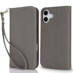 Stand Case for iPhone 16 Litchi Texture Leather Flip Phone Cover with Strap  /  Wallet
