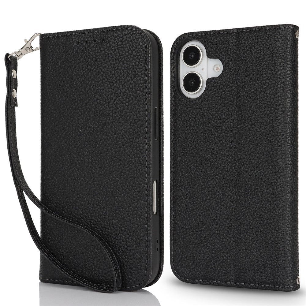 Stand Case for iPhone 16 Plus Litchi Texture Leather Flip Phone Cover with Strap  /  Wallet - TechGearPal