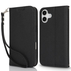 Stand Case for iPhone 16 Plus Litchi Texture Leather Flip Phone Cover with Strap  /  Wallet