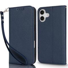 Stand Case for iPhone 16 Plus Litchi Texture Leather Flip Phone Cover with Strap  /  Wallet