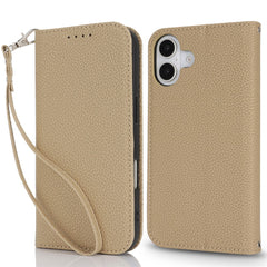 Stand Case for iPhone 16 Plus Litchi Texture Leather Flip Phone Cover with Strap  /  Wallet