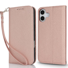 Stand Case for iPhone 16 Plus Litchi Texture Leather Flip Phone Cover with Strap  /  Wallet