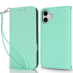 Stand Case for iPhone 16 Plus Litchi Texture Leather Flip Phone Cover with Strap  /  Wallet