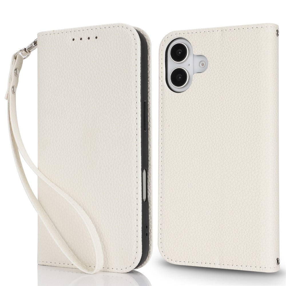 Stand Case for iPhone 16 Plus Litchi Texture Leather Flip Phone Cover with Strap  /  Wallet