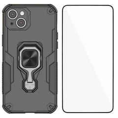 For iPhone 14 Phone Case WANLONFENG PC TPU Back Cover Kickstand with Tempered Glass - TechGearPal