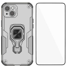 For iPhone 14 Phone Case WANLONFENG PC TPU Back Cover Kickstand with Tempered Glass - TechGearPal