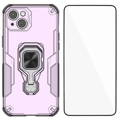 For iPhone 14 Phone Case WANLONFENG PC TPU Back Cover Kickstand with Tempered Glass - TechGearPal
