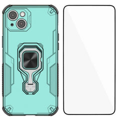 For iPhone 14 Phone Case WANLONFENG PC TPU Back Cover Kickstand with Tempered Glass - TechGearPal