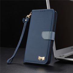 For iPhone 14 / 13 Case Bowknot Decor Wallet Leather Phone Cover with Wrist Strap - TechGearPal
