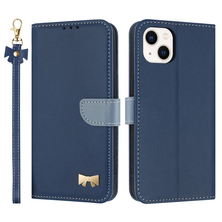 For iPhone 14 / 13 Case Bowknot Decor Wallet Leather Phone Cover with Wrist Strap - TechGearPal