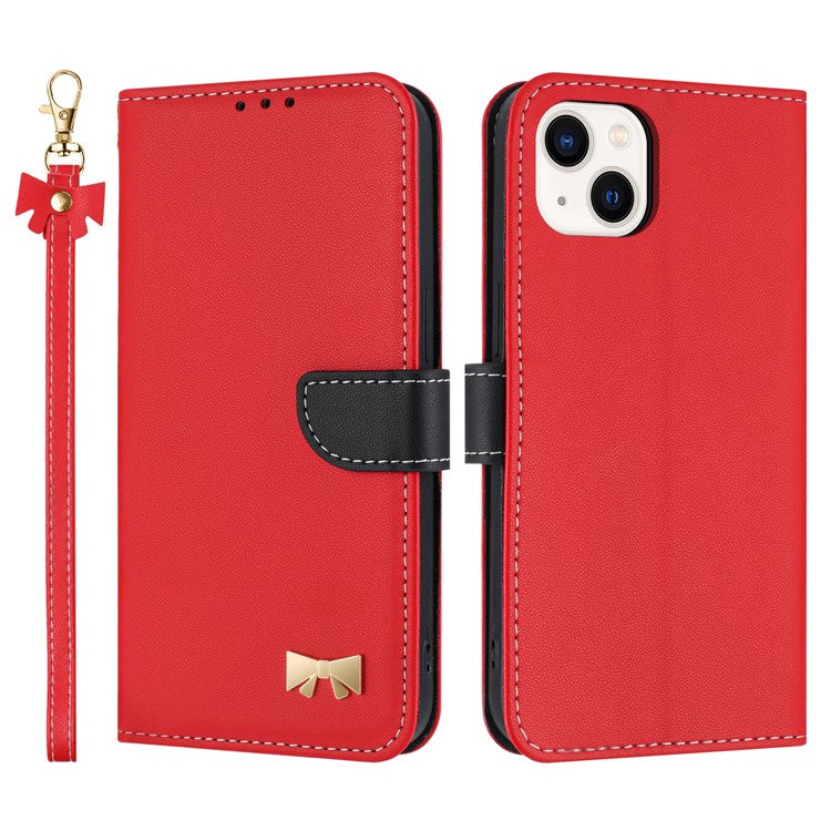 For iPhone 14 / 13 Case Bowknot Decor Wallet Leather Phone Cover with Wrist Strap - TechGearPal