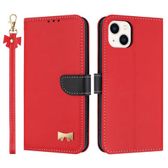 For iPhone 14 / 13 Case Bowknot Decor Wallet Leather Phone Cover with Wrist Strap - TechGearPal