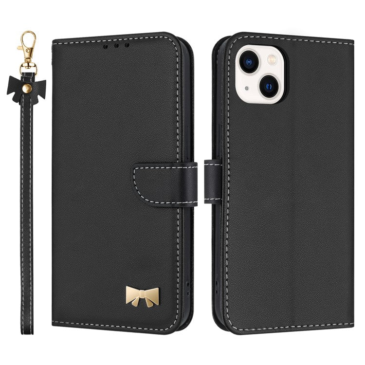 For iPhone 14 / 13 Case Bowknot Decor Wallet Leather Phone Cover with Wrist Strap - TechGearPal