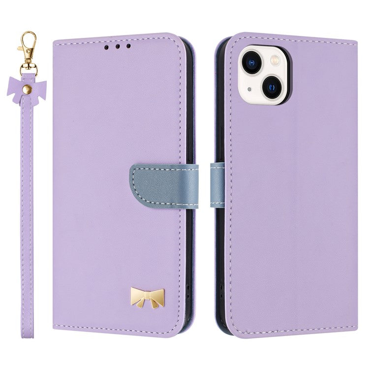For iPhone 14 / 13 Case Bowknot Decor Wallet Leather Phone Cover with Wrist Strap - TechGearPal