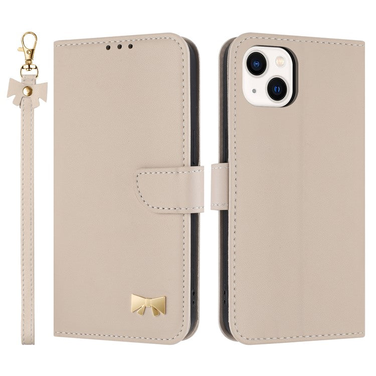 For iPhone 14 / 13 Case Bowknot Decor Wallet Leather Phone Cover with Wrist Strap - TechGearPal