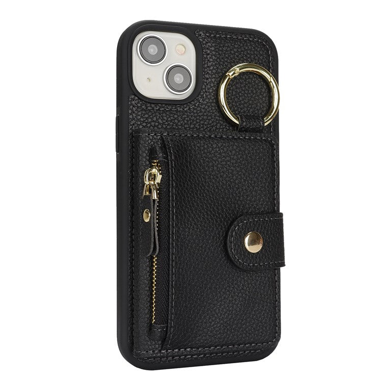 For iPhone 14 / 13 Case Litchi Textured PU Leather + TPU Kickstand Phone Cover with Card Slot - TechGearPal