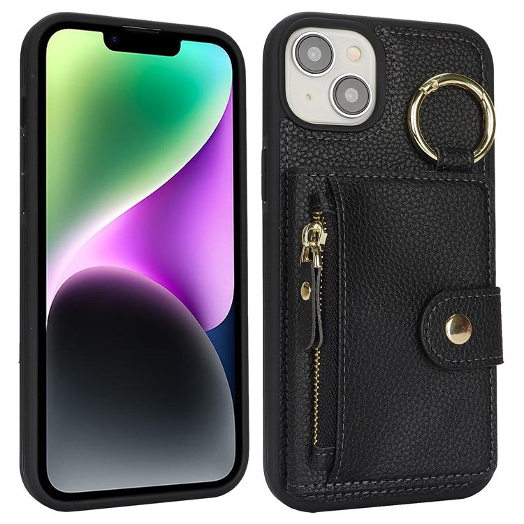 For iPhone 14 / 13 Case Litchi Textured PU Leather + TPU Kickstand Phone Cover with Card Slot - TechGearPal