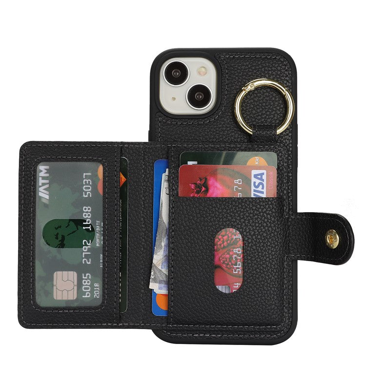 For iPhone 14 / 13 Case Litchi Textured PU Leather + TPU Kickstand Phone Cover with Card Slot - TechGearPal