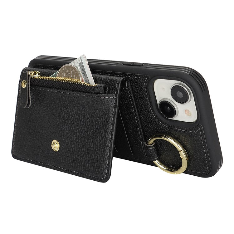 For iPhone 14 / 13 Case Litchi Textured PU Leather + TPU Kickstand Phone Cover with Card Slot - TechGearPal