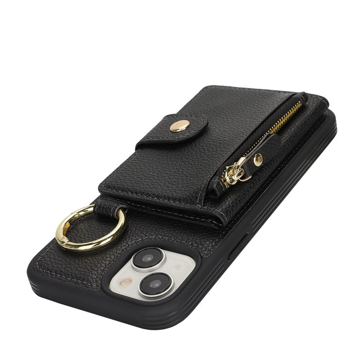 For iPhone 14 / 13 Case Litchi Textured PU Leather + TPU Kickstand Phone Cover with Card Slot - TechGearPal